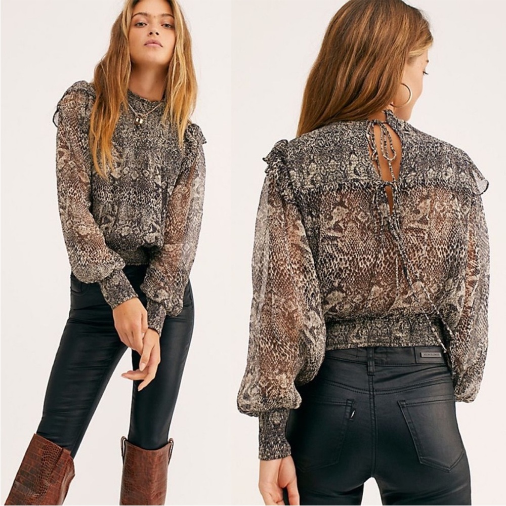 NWT Free People Roma Smocked Blouse Neutral Snake Print Mock Neck Semi Sheer
